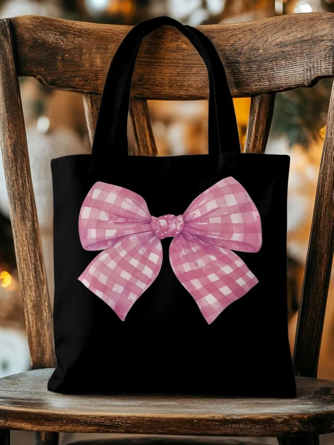 Cute Pink White Women Girl Bowknot Canvas Tote Bag, Aesthetic Canvas Tote Handbags for Women Shoulder Bag