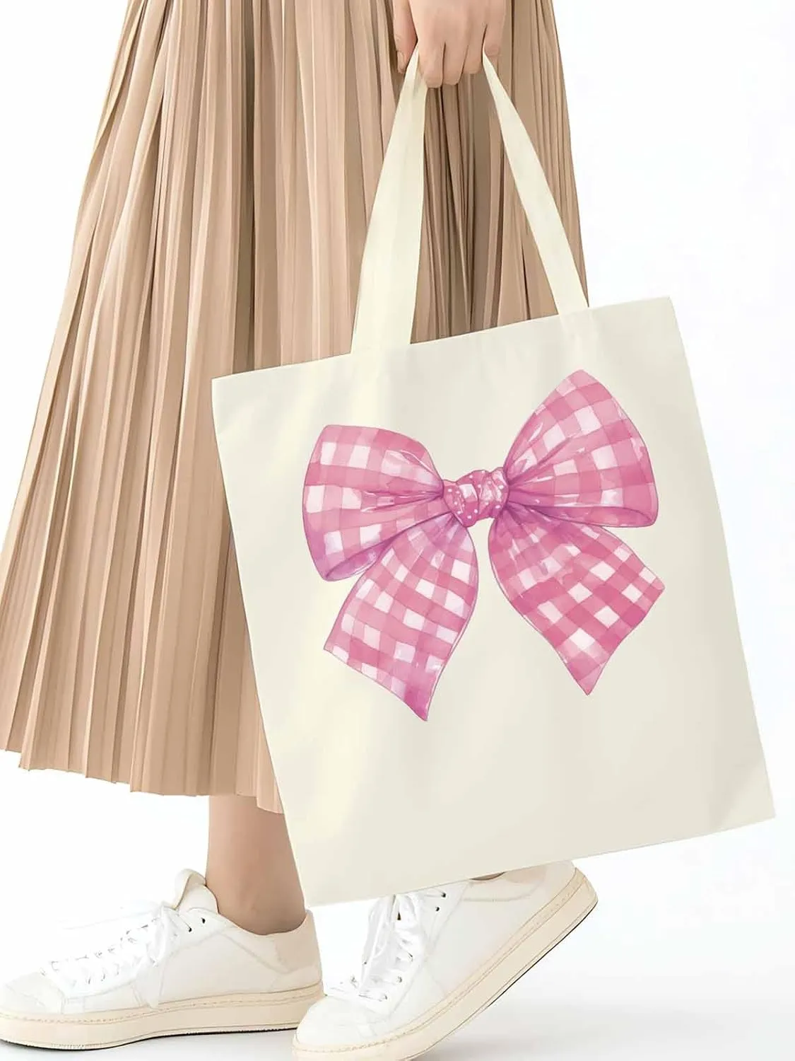 Cute Pink White Women Girl Bowknot Canvas Tote Bag, Aesthetic Canvas Tote Handbags for Women Shoulder Bag