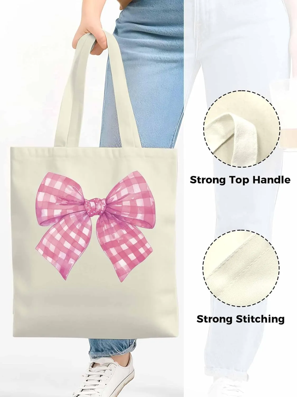 Cute Pink White Women Girl Bowknot Canvas Tote Bag, Aesthetic Canvas Tote Handbags for Women Shoulder Bag