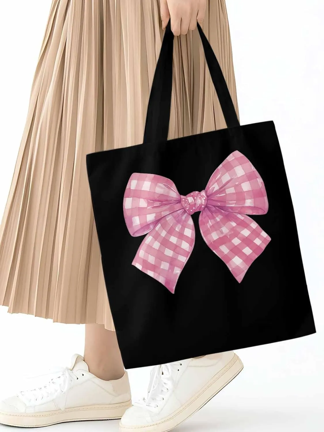 Cute Pink White Women Girl Bowknot Canvas Tote Bag, Aesthetic Canvas Tote Handbags for Women Shoulder Bag
