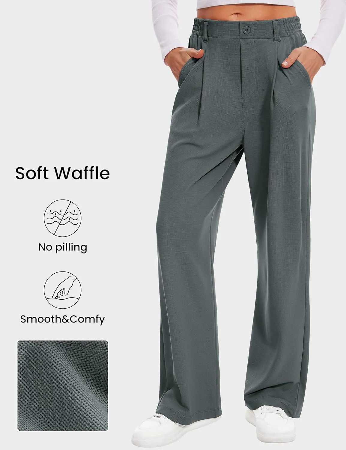 Desol Womens Wide Leg Work Pants Waffle Knit Dress Pants Stretchy High Waisted Slack Casual Palazzo Pants for Women