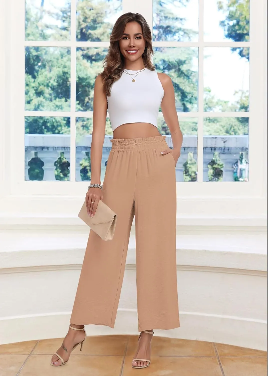 DILIUXING Womens Wide Leg Pants High Waisted Casual Drawstring Trousers Loose Adjustable Pants with Pockets