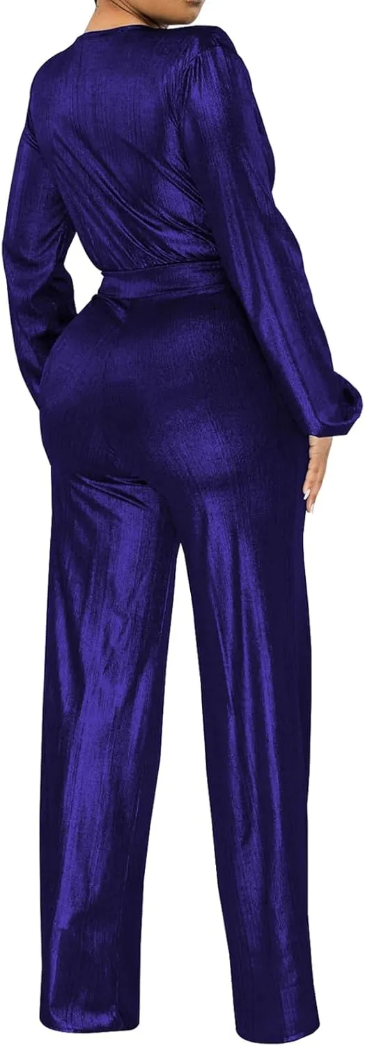 DinyIn Women's Sparkly Jumpsuits Clubwear One Piece Deep V Neck Long Sleeve Pants Rompers with Belt