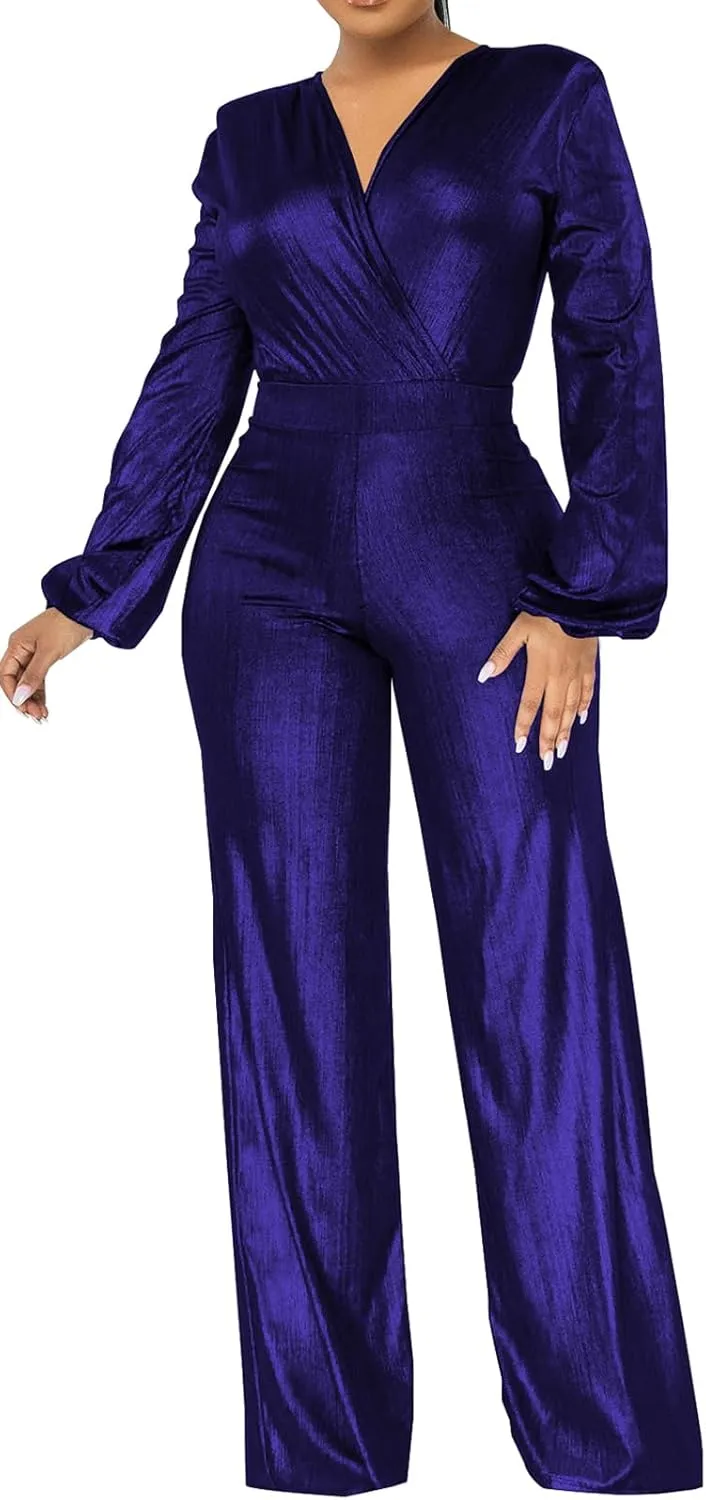 DinyIn Women's Sparkly Jumpsuits Clubwear One Piece Deep V Neck Long Sleeve Pants Rompers with Belt