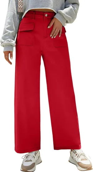Dokotoo Womens Cargo Pants Women Baggy Wide Leg High Waist Casual Pants Jean Stretch Pants