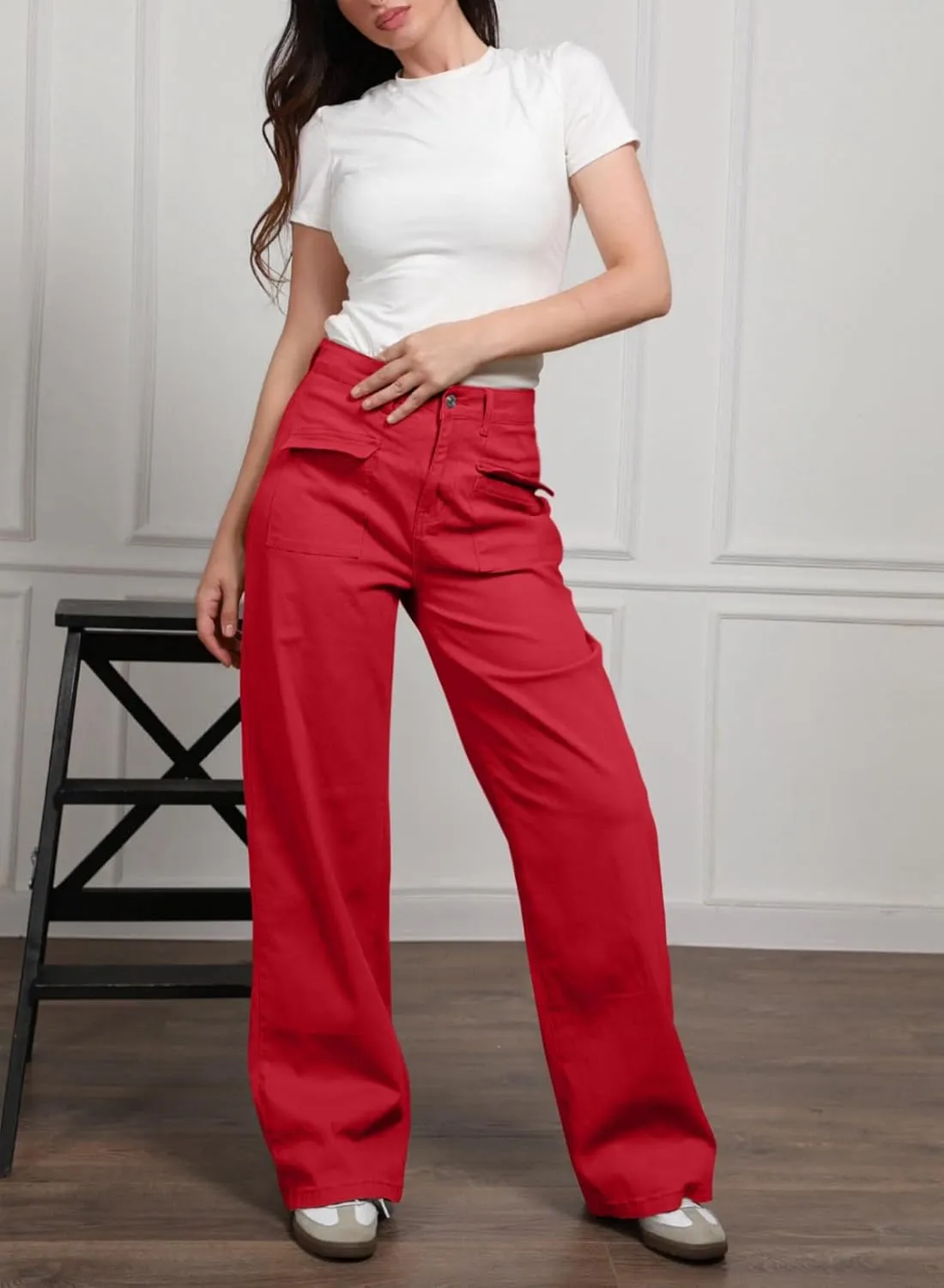 Dokotoo Womens Cargo Pants Women Baggy Wide Leg High Waist Casual Pants Jean Stretch Pants