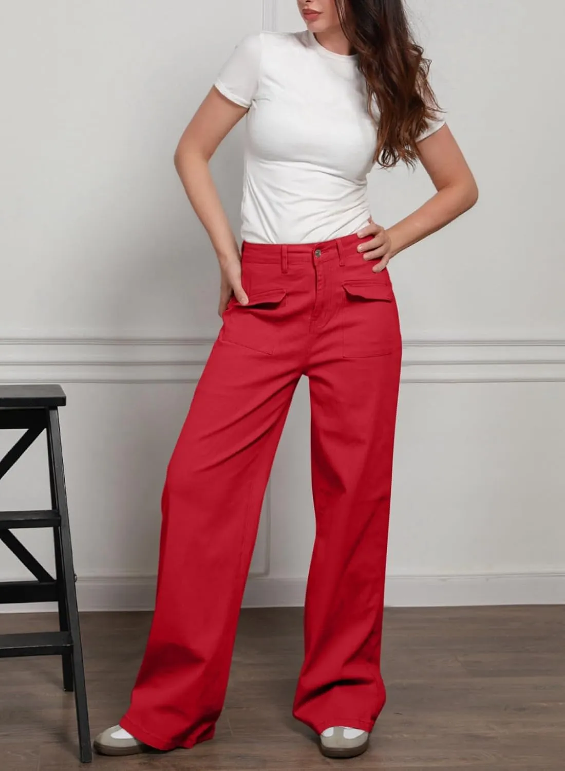 Dokotoo Womens Cargo Pants Women Baggy Wide Leg High Waist Casual Pants Jean Stretch Pants