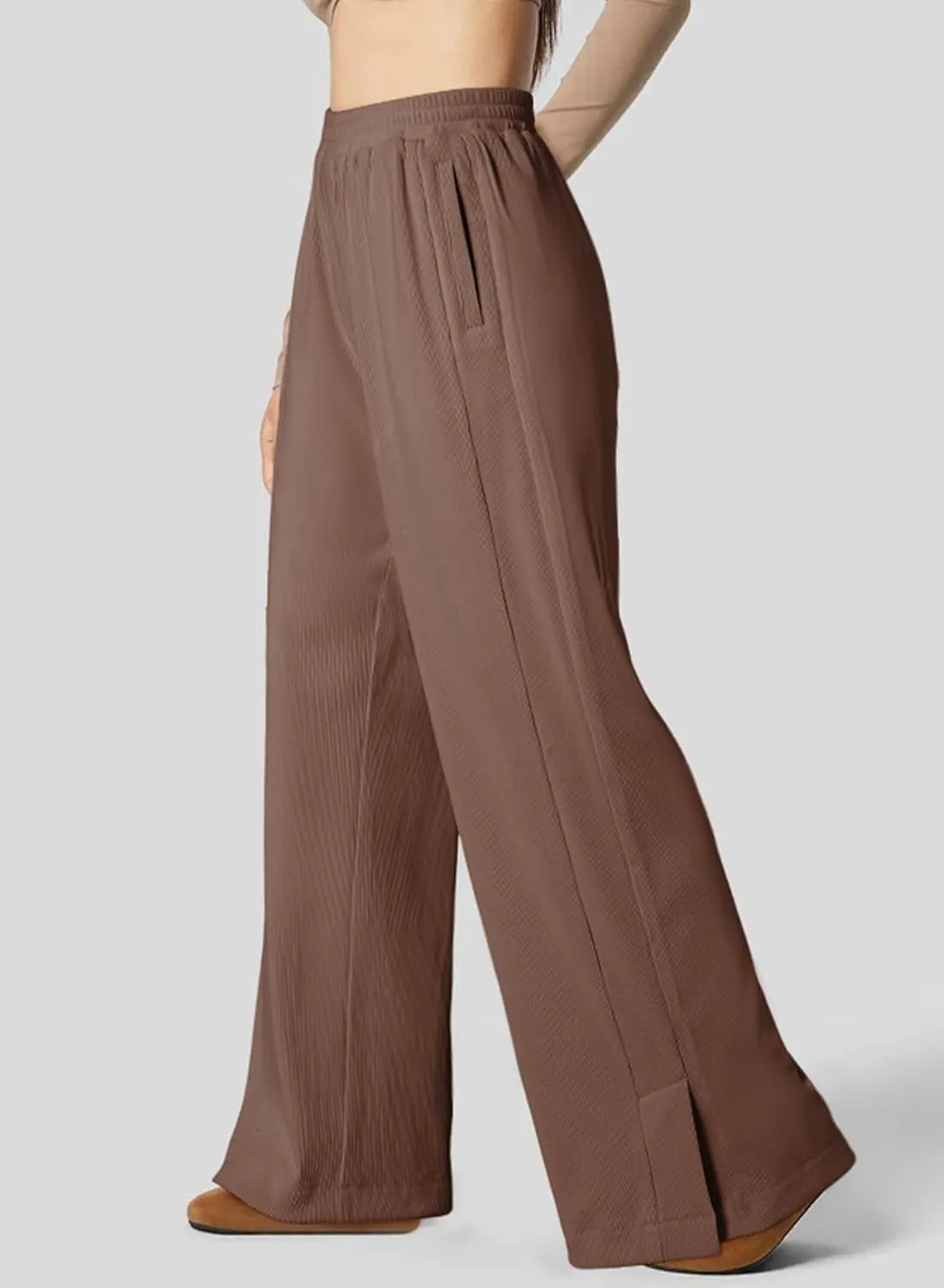 Dokotoo Women's Wide Leg Pants Trendy Casual Pants for Women 2024 Fall Ribbed Knit Waisted Baggy Pants