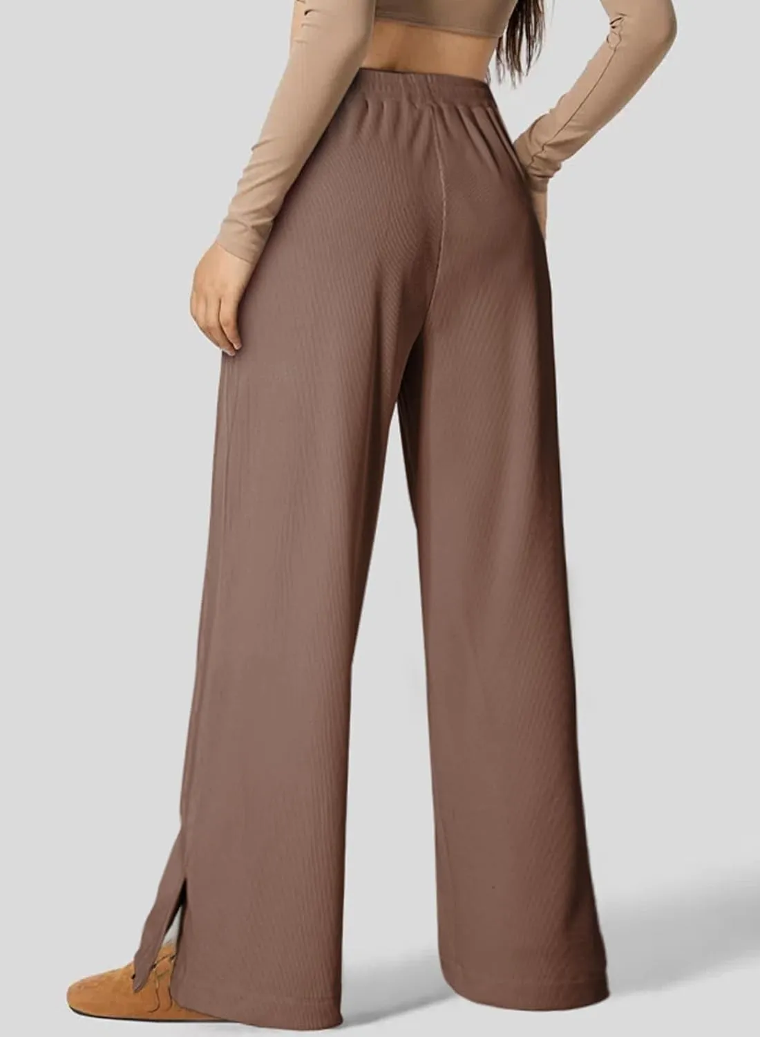 Dokotoo Women's Wide Leg Pants Trendy Casual Pants for Women 2024 Fall Ribbed Knit Waisted Baggy Pants