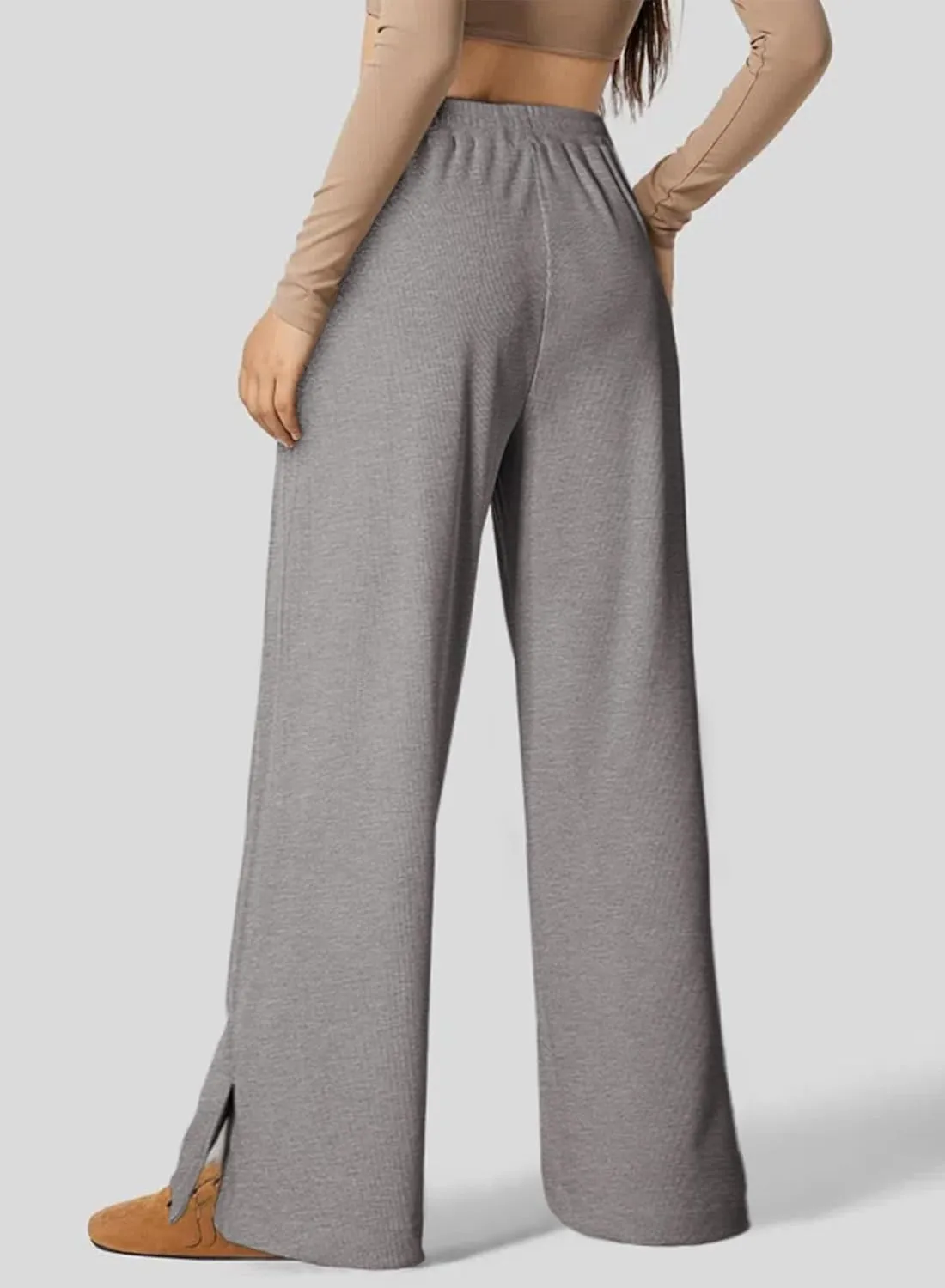 Dokotoo Women's Wide Leg Pants Trendy Casual Pants for Women 2024 Fall Ribbed Knit Waisted Baggy Pants