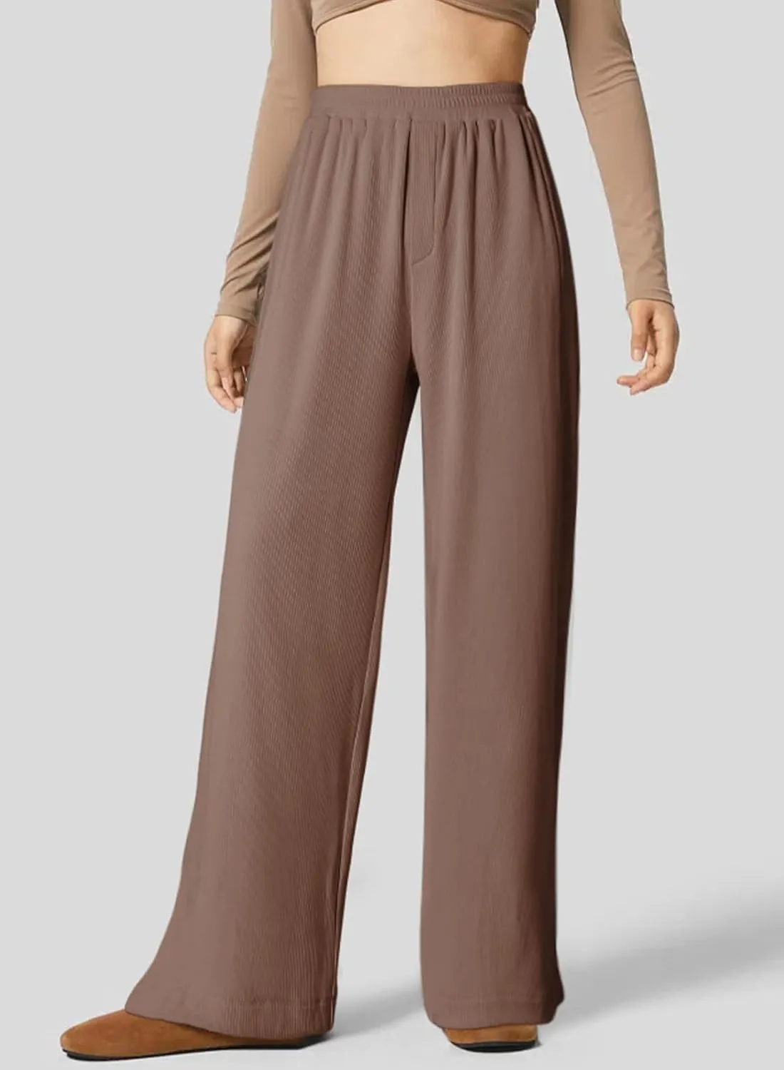 Dokotoo Women's Wide Leg Pants Trendy Casual Pants for Women 2024 Fall Ribbed Knit Waisted Baggy Pants