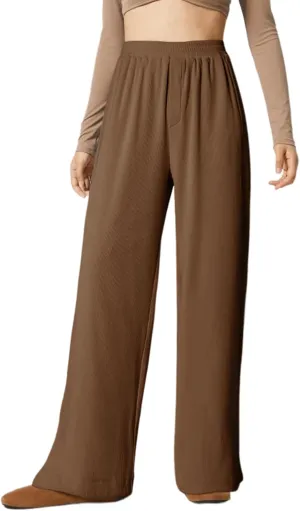 Dokotoo Women's Wide Leg Pants Trendy Casual Pants for Women 2024 Fall Ribbed Knit Waisted Baggy Pants