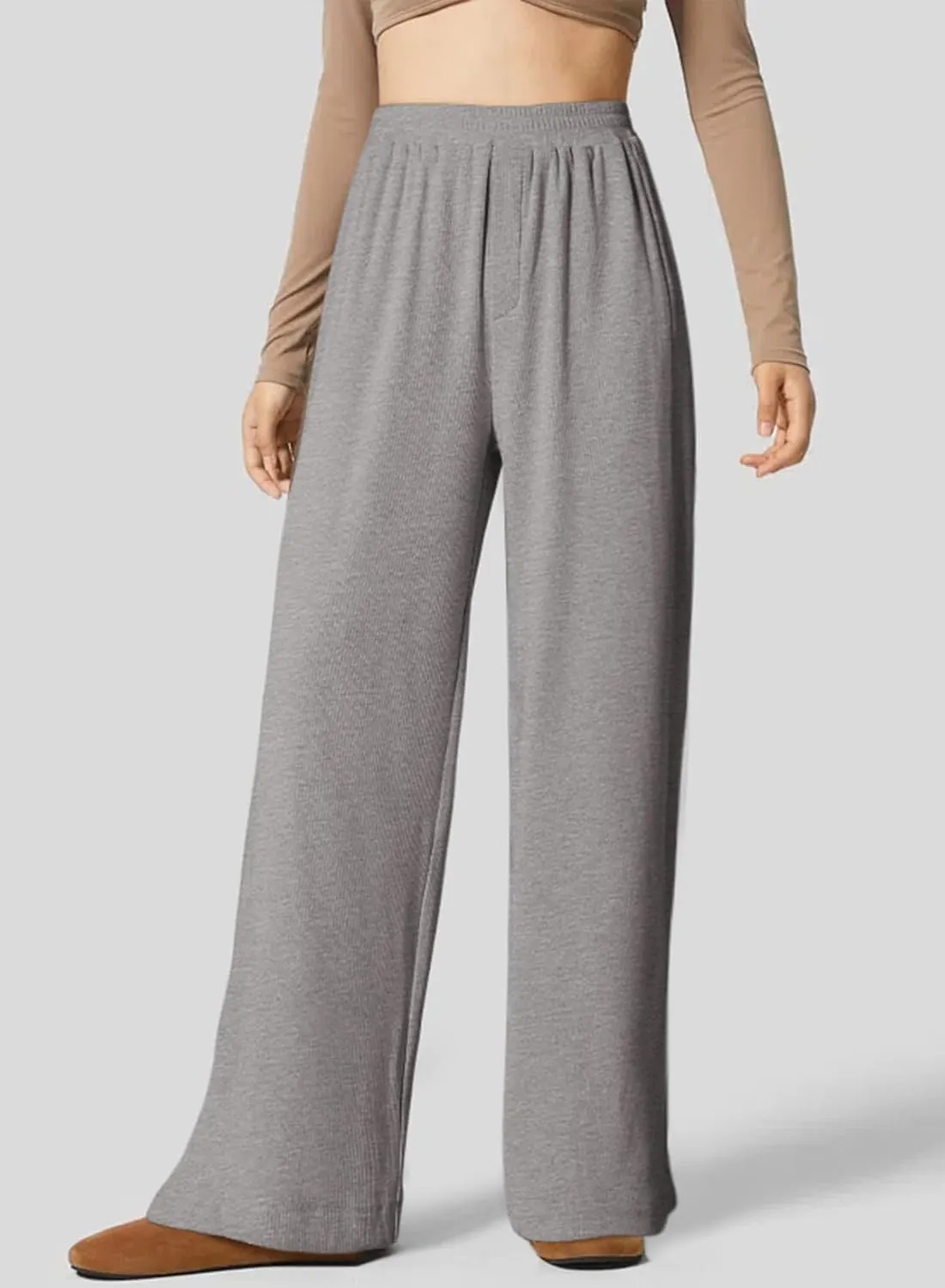 Dokotoo Women's Wide Leg Pants Trendy Casual Pants for Women 2024 Fall Ribbed Knit Waisted Baggy Pants