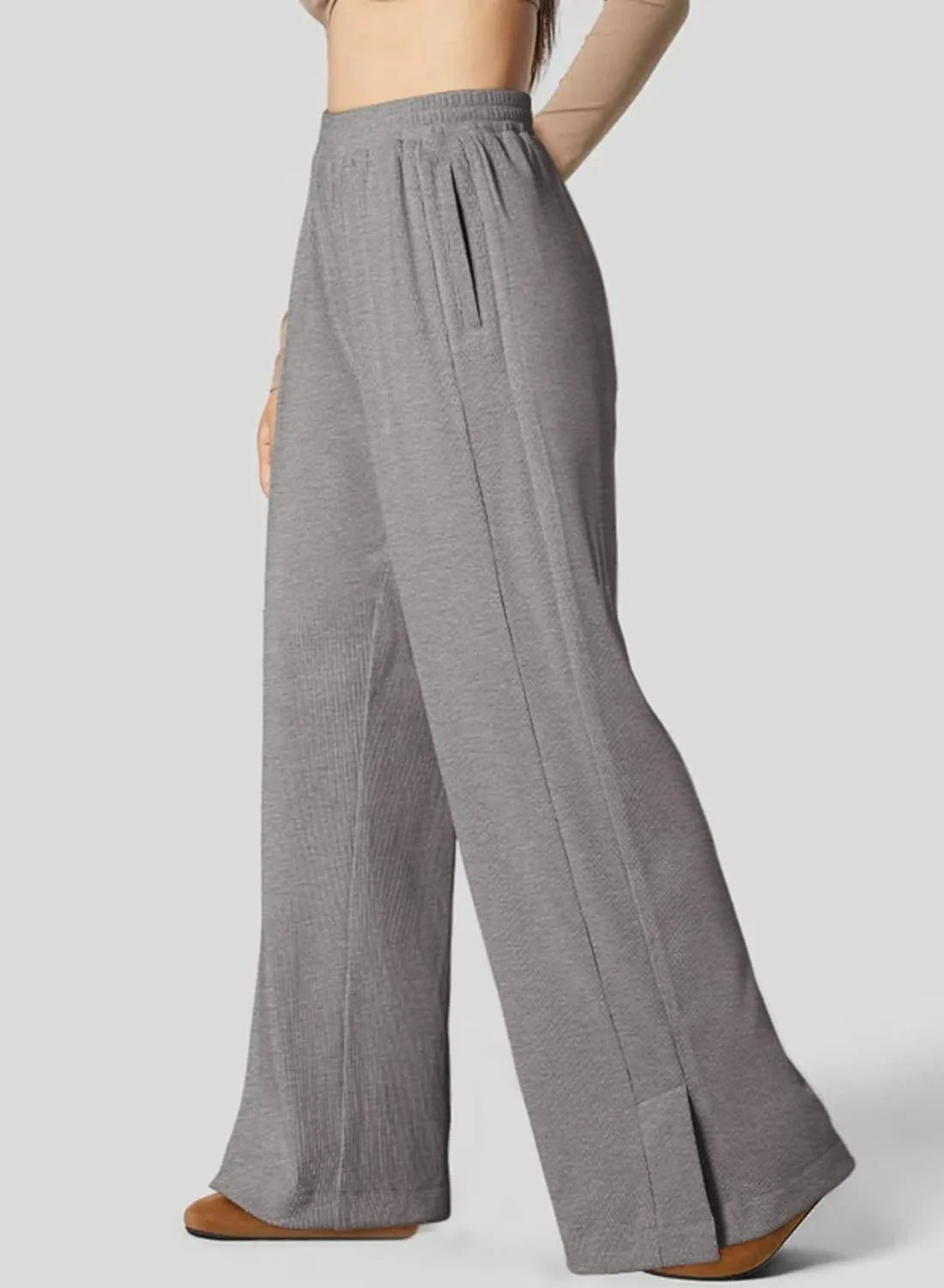 Dokotoo Women's Wide Leg Pants Trendy Casual Pants for Women 2024 Fall Ribbed Knit Waisted Baggy Pants
