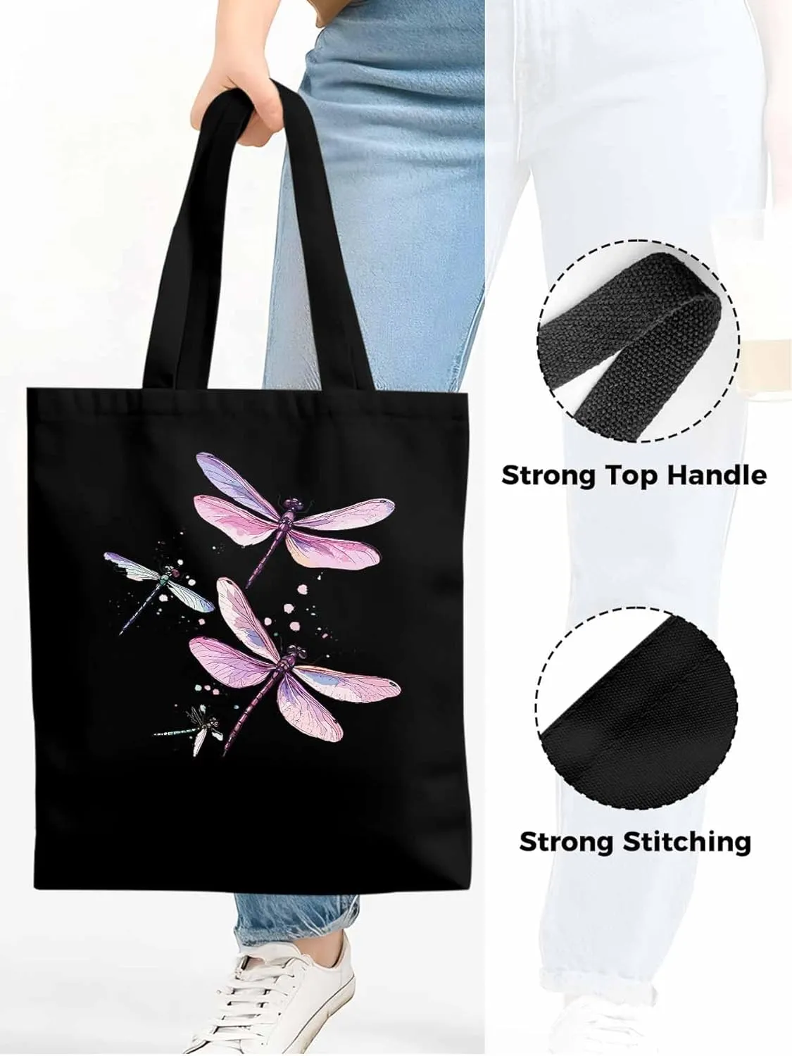 Dragonfly Stained Colorful Dots Canvas Tote Bag, Aesthetic Canvas Tote Handbags for Women Shoulder Bag
