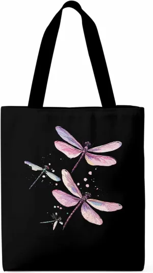 Dragonfly Stained Colorful Dots Canvas Tote Bag, Aesthetic Canvas Tote Handbags for Women Shoulder Bag
