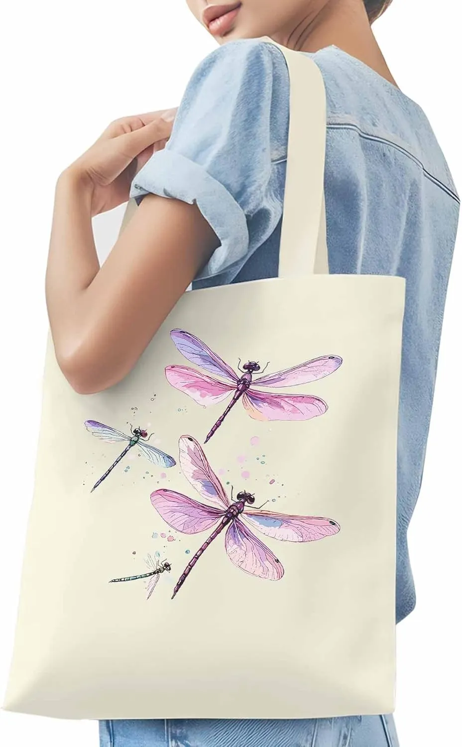 Dragonfly Stained Colorful Dots Canvas Tote Bag, Aesthetic Canvas Tote Handbags for Women Shoulder Bag