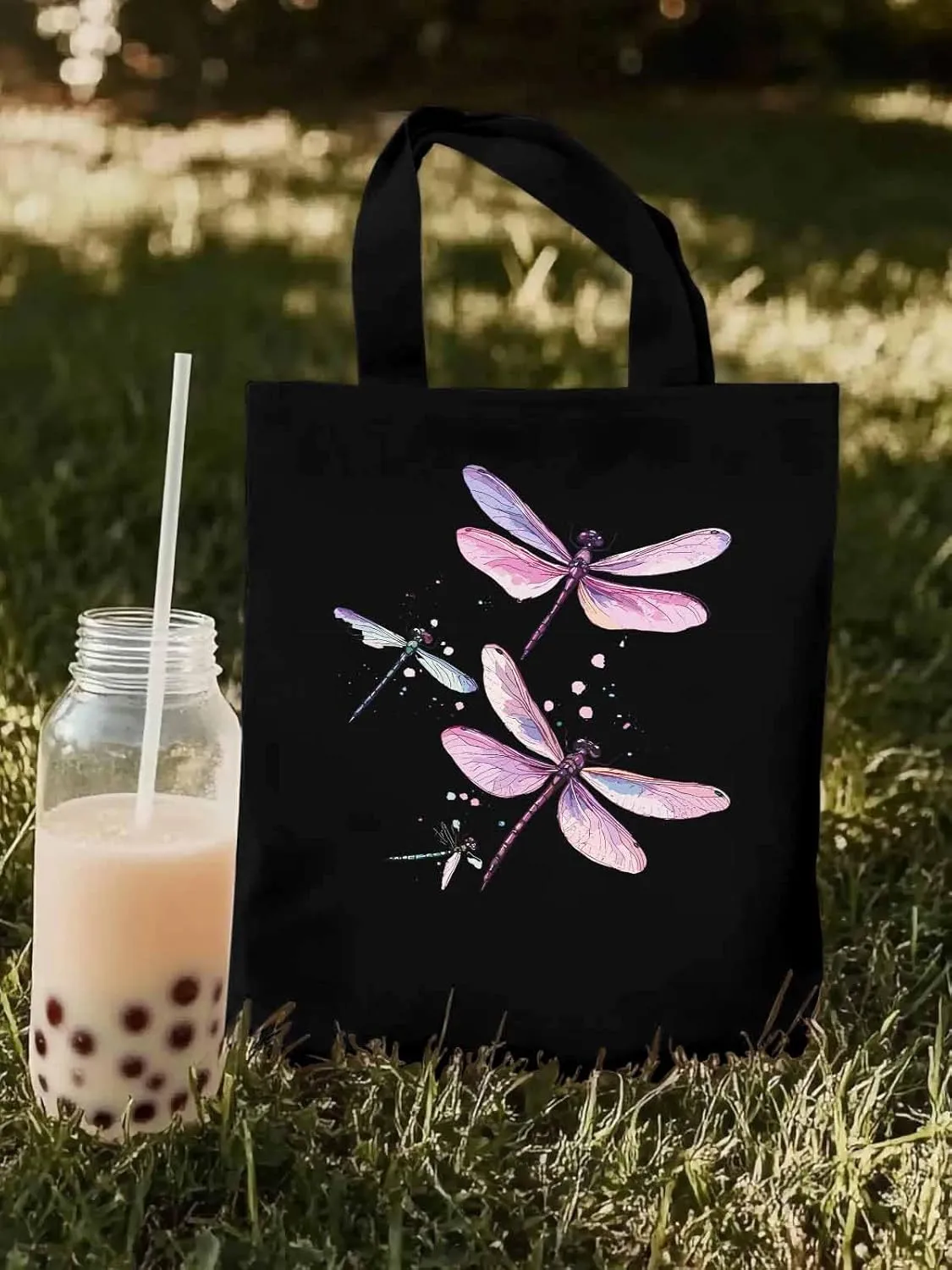 Dragonfly Stained Colorful Dots Canvas Tote Bag, Aesthetic Canvas Tote Handbags for Women Shoulder Bag