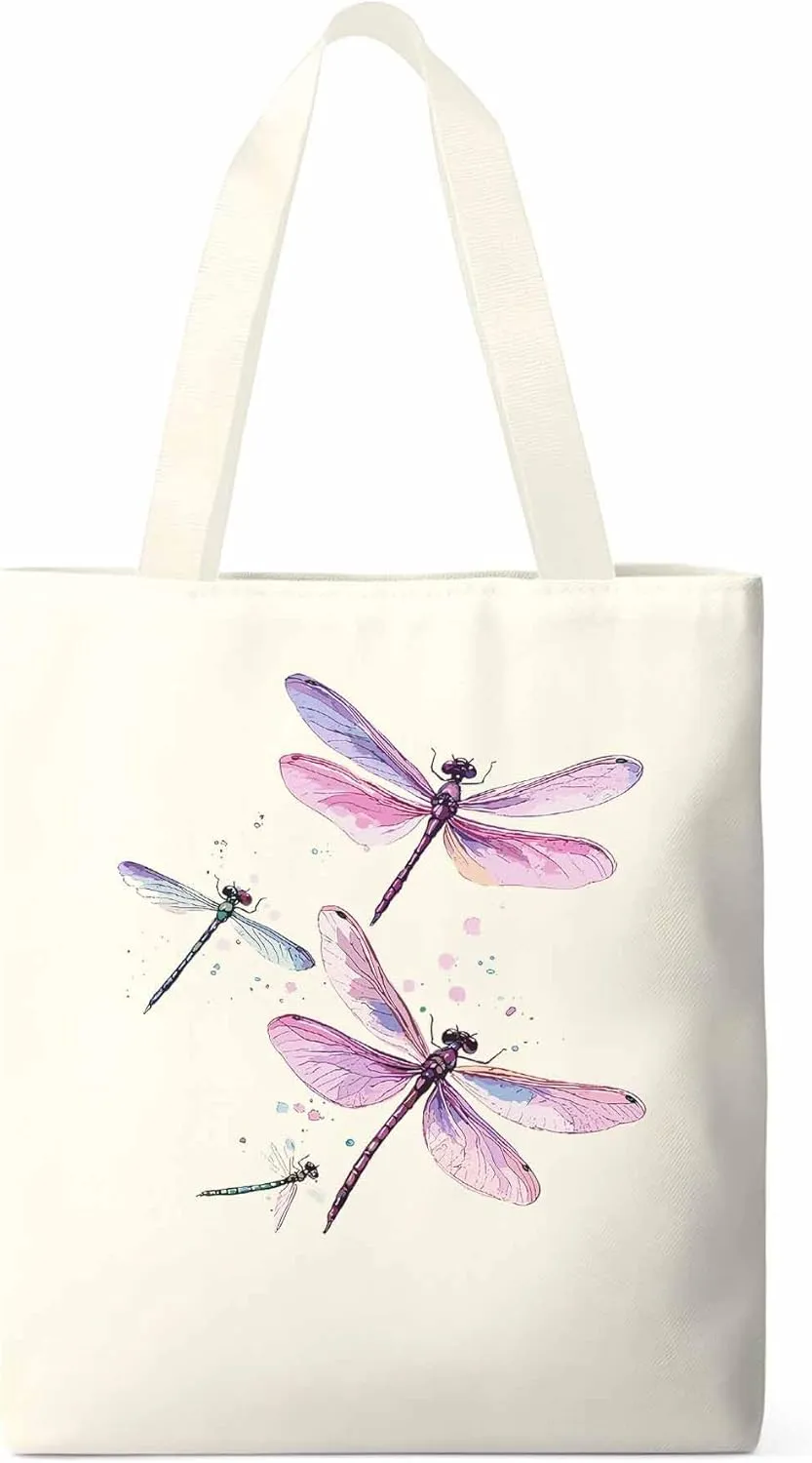 Dragonfly Stained Colorful Dots Canvas Tote Bag, Aesthetic Canvas Tote Handbags for Women Shoulder Bag