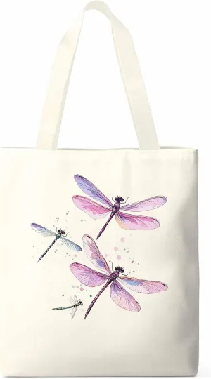 Dragonfly Stained Colorful Dots Canvas Tote Bag, Aesthetic Canvas Tote Handbags for Women Shoulder Bag