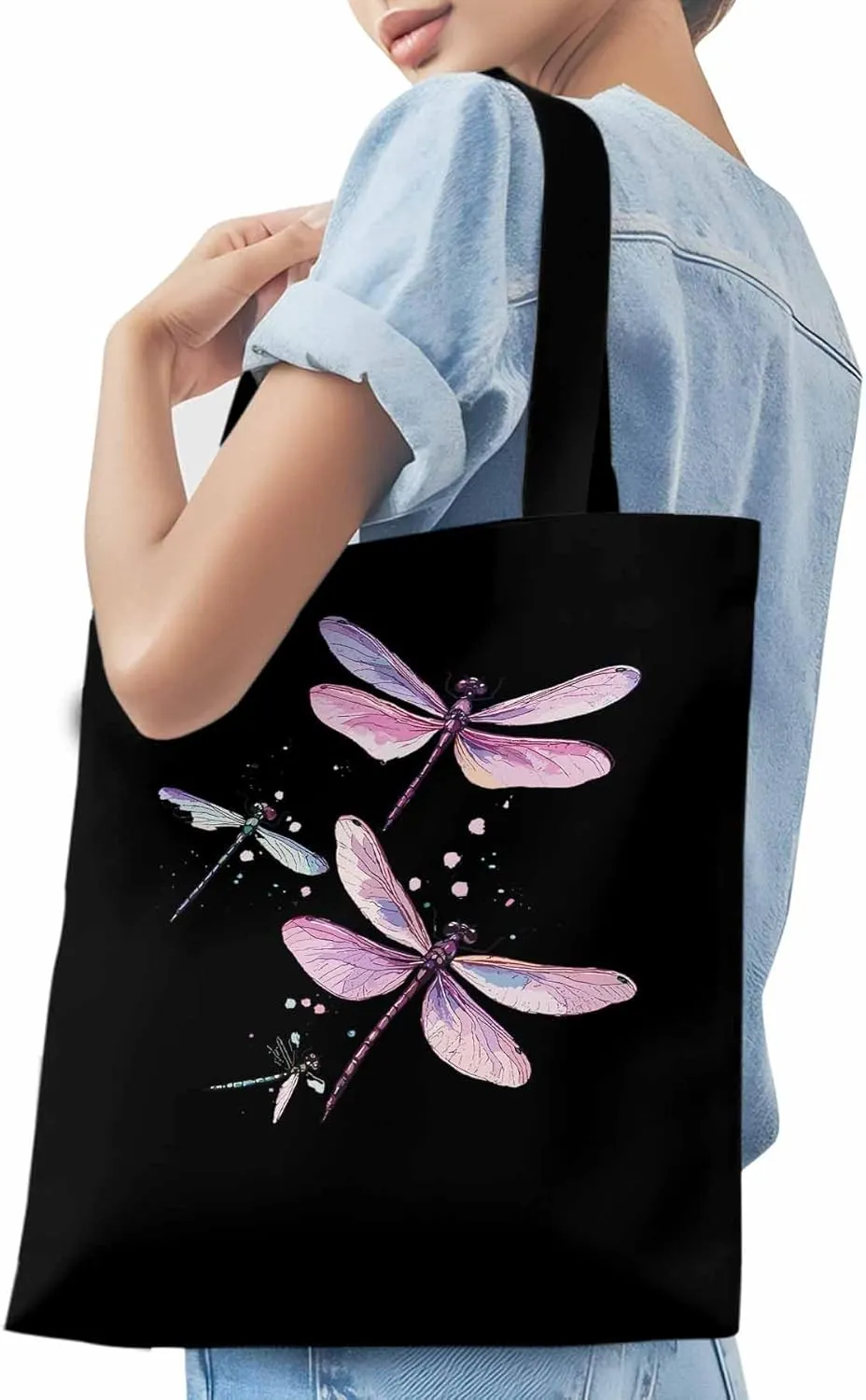 Dragonfly Stained Colorful Dots Canvas Tote Bag, Aesthetic Canvas Tote Handbags for Women Shoulder Bag