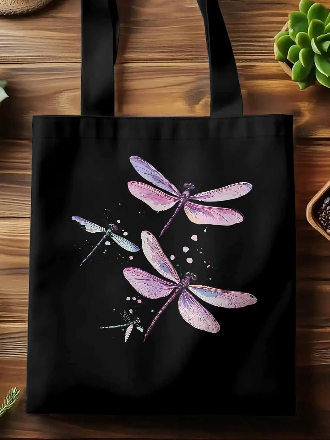 Dragonfly Stained Colorful Dots Canvas Tote Bag, Aesthetic Canvas Tote Handbags for Women Shoulder Bag