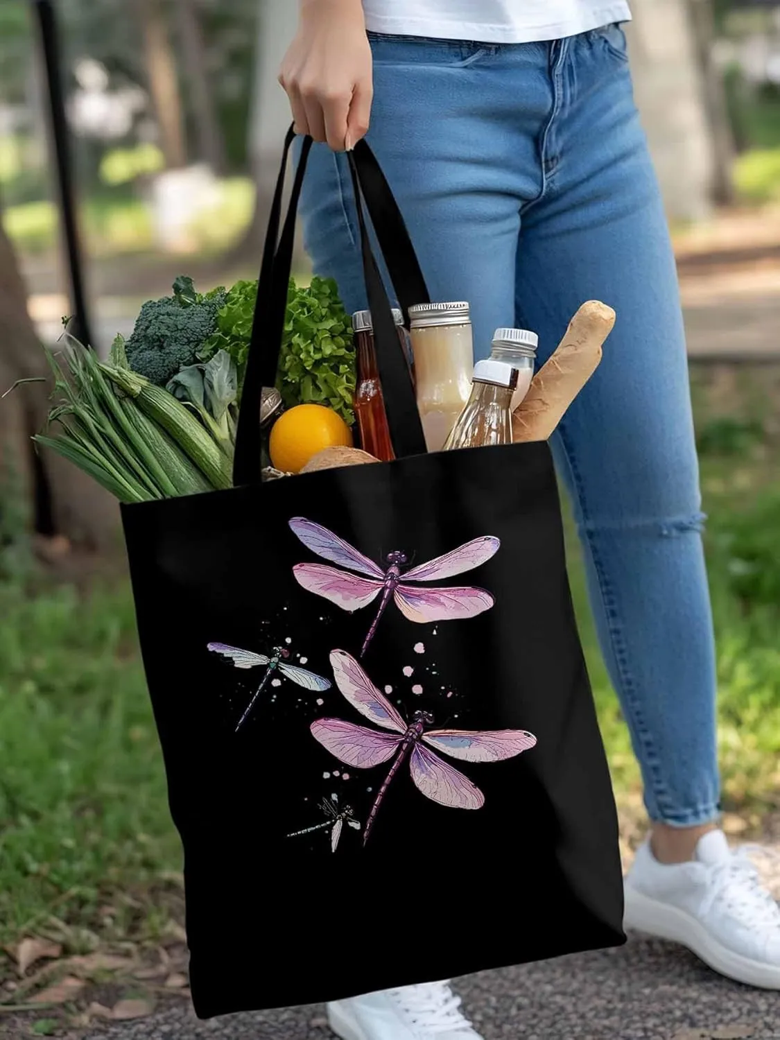 Dragonfly Stained Colorful Dots Canvas Tote Bag, Aesthetic Canvas Tote Handbags for Women Shoulder Bag