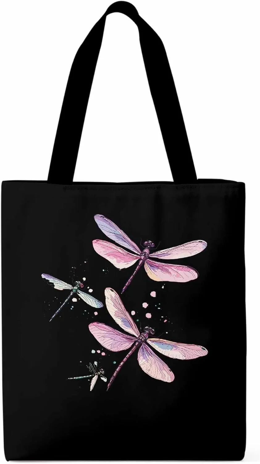 Dragonfly Stained Colorful Dots Canvas Tote Bag, Aesthetic Canvas Tote Handbags for Women Shoulder Bag