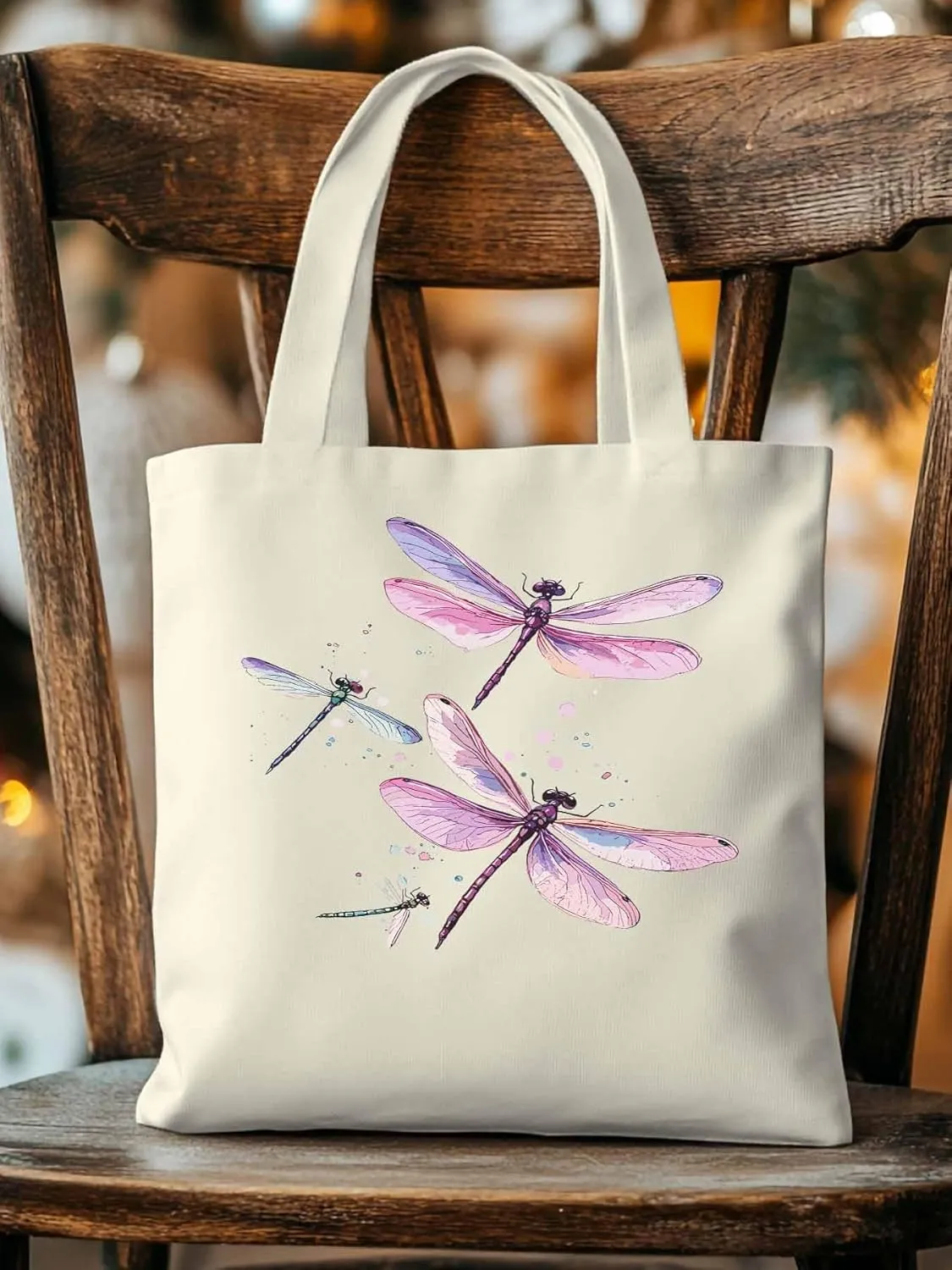 Dragonfly Stained Colorful Dots Canvas Tote Bag, Aesthetic Canvas Tote Handbags for Women Shoulder Bag