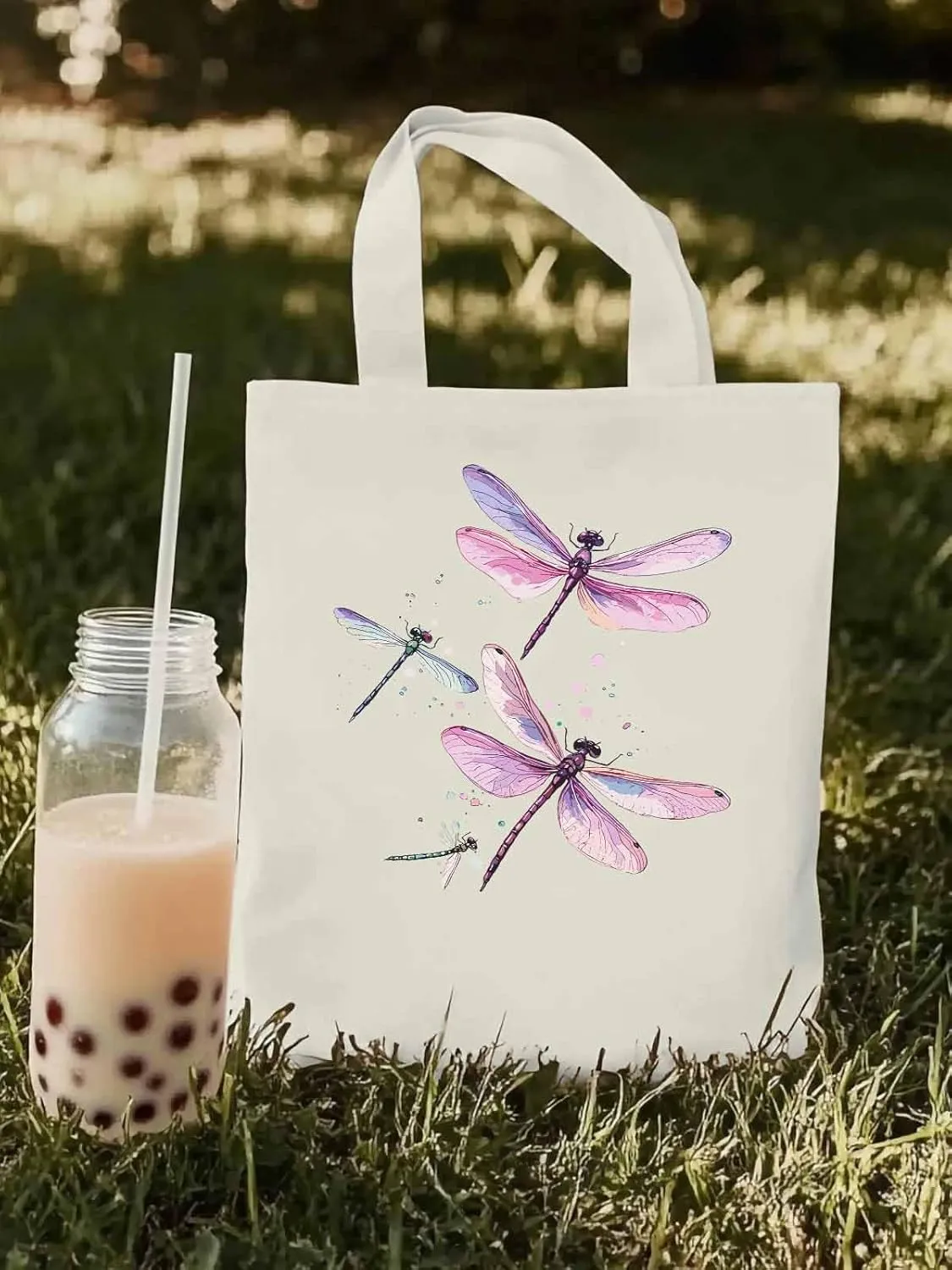Dragonfly Stained Colorful Dots Canvas Tote Bag, Aesthetic Canvas Tote Handbags for Women Shoulder Bag