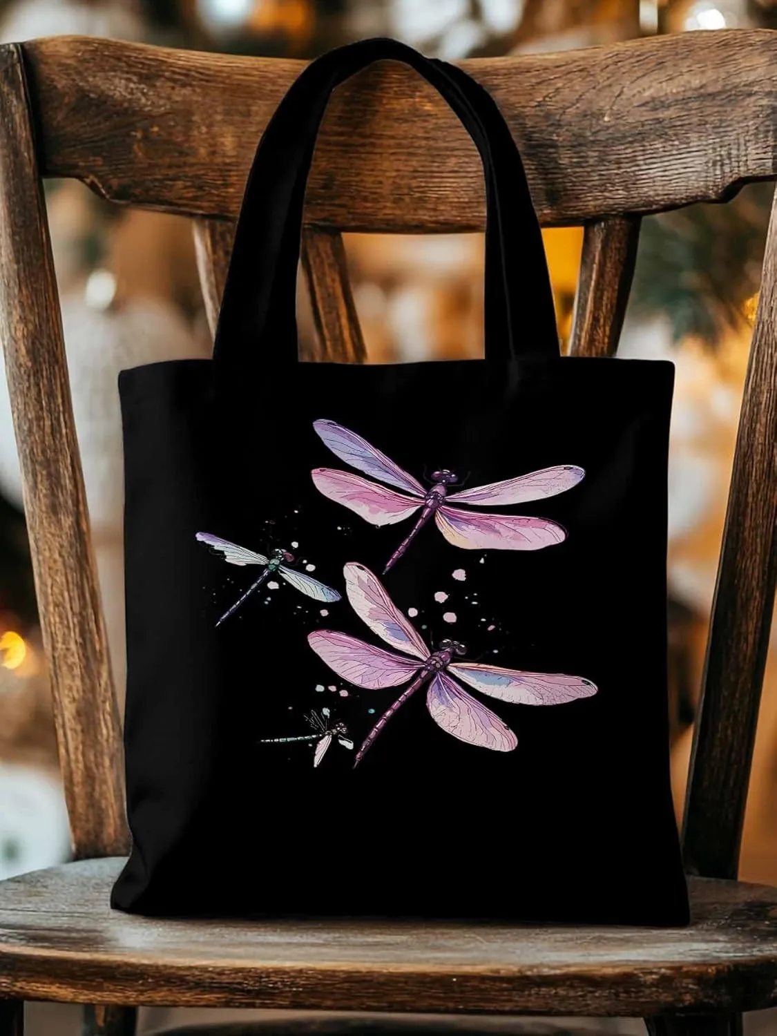 Dragonfly Stained Colorful Dots Canvas Tote Bag, Aesthetic Canvas Tote Handbags for Women Shoulder Bag
