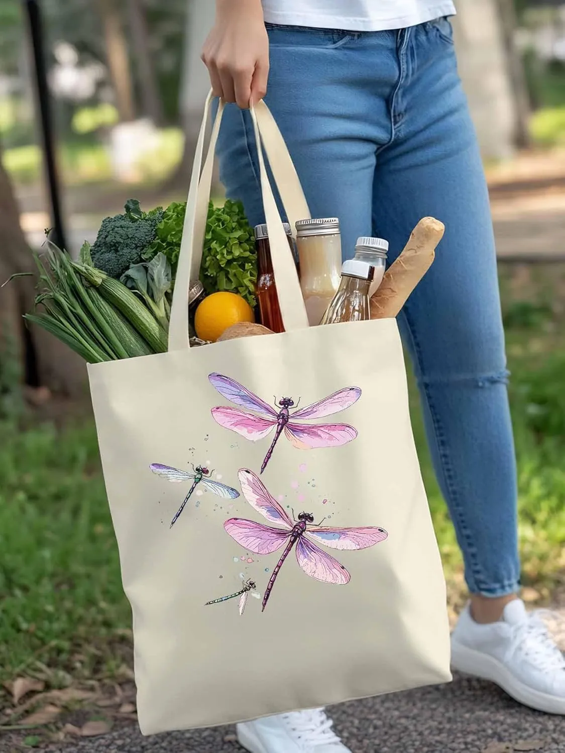Dragonfly Stained Colorful Dots Canvas Tote Bag, Aesthetic Canvas Tote Handbags for Women Shoulder Bag
