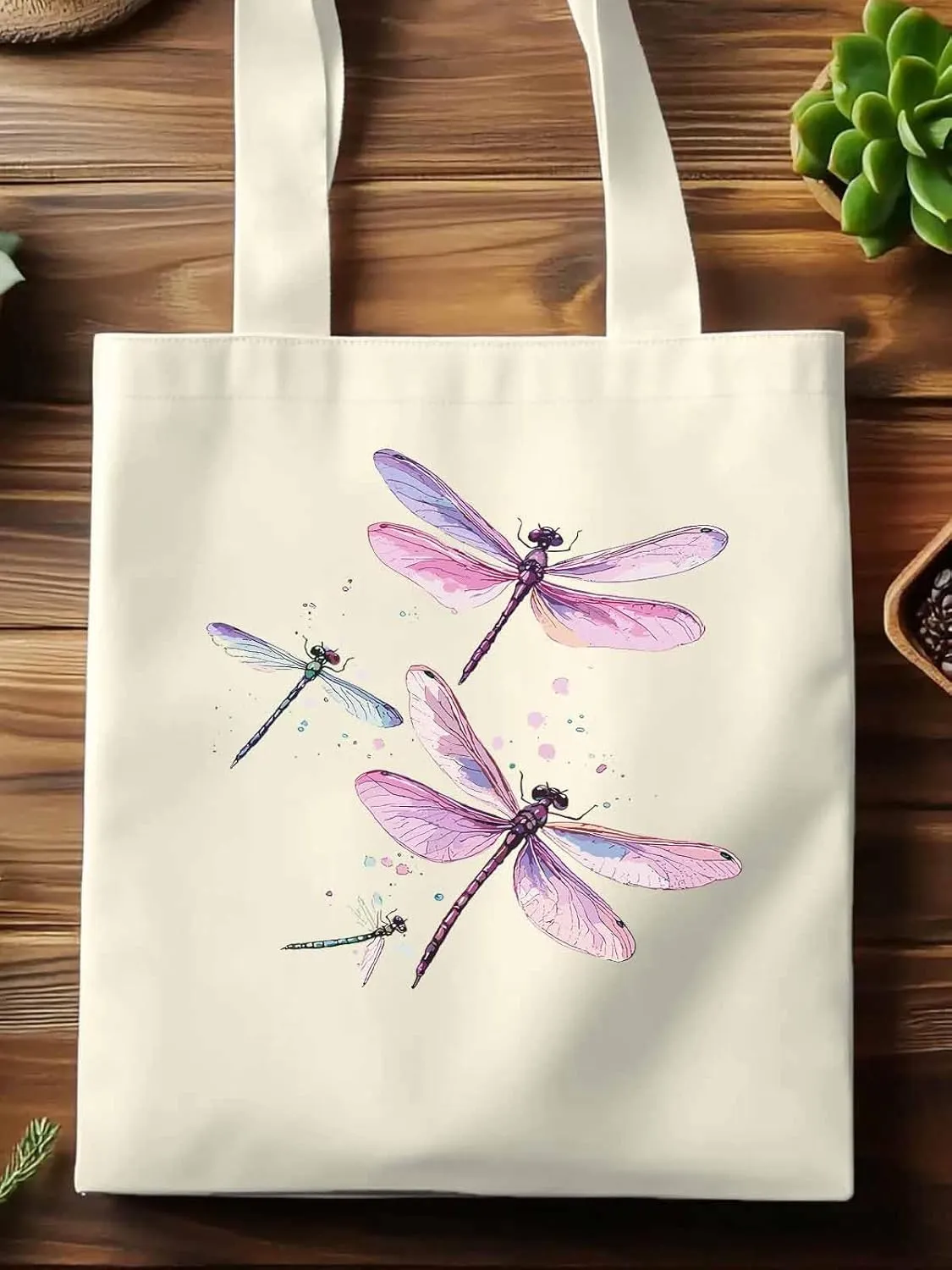 Dragonfly Stained Colorful Dots Canvas Tote Bag, Aesthetic Canvas Tote Handbags for Women Shoulder Bag