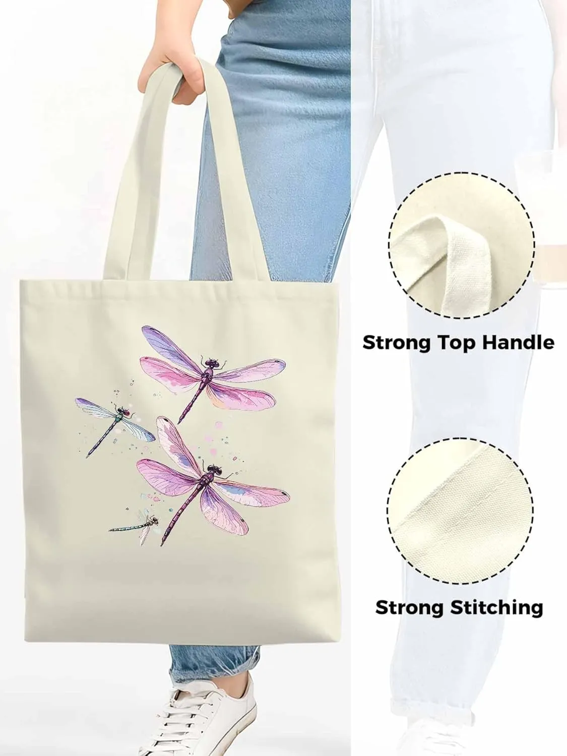 Dragonfly Stained Colorful Dots Canvas Tote Bag, Aesthetic Canvas Tote Handbags for Women Shoulder Bag