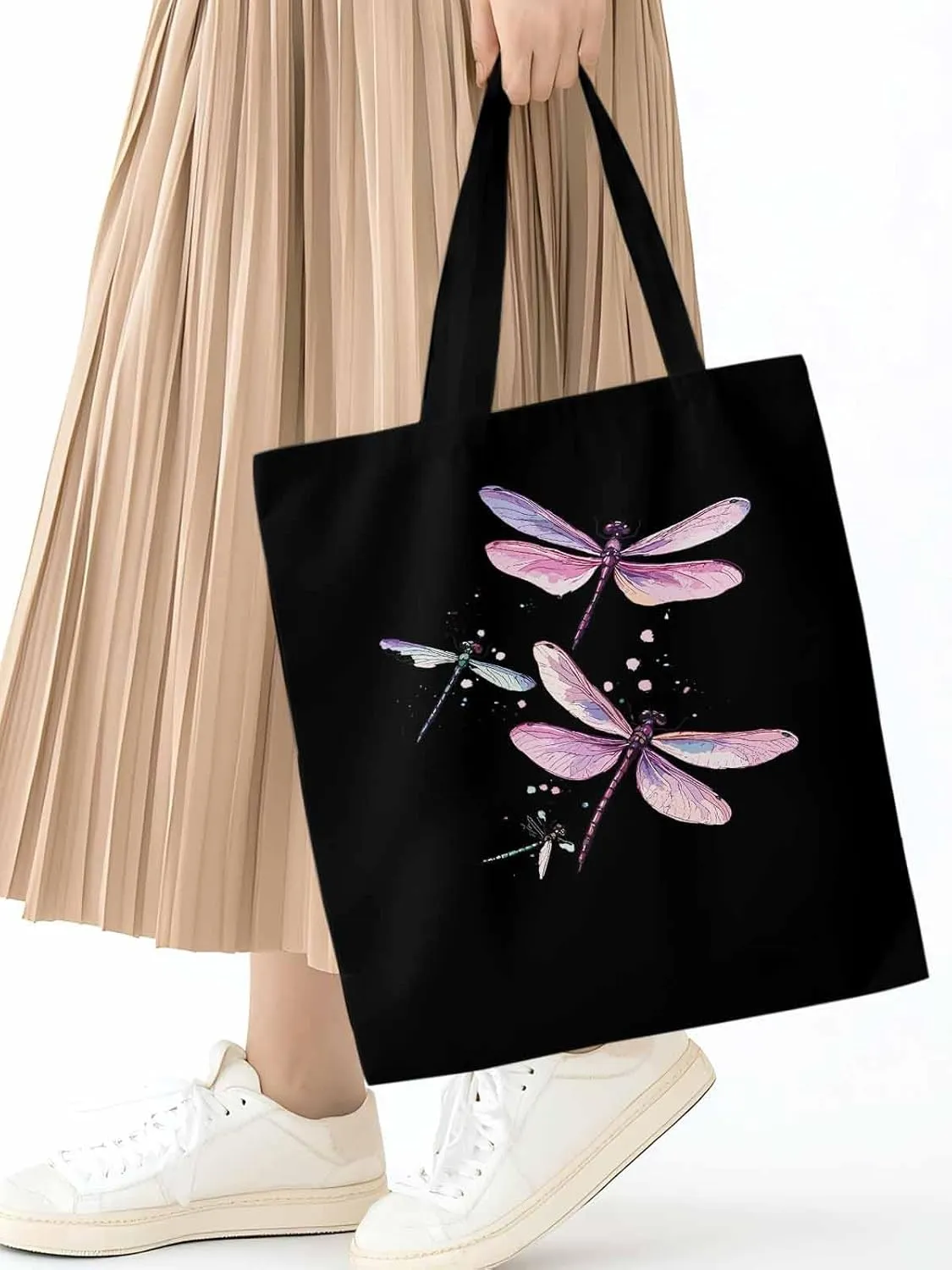 Dragonfly Stained Colorful Dots Canvas Tote Bag, Aesthetic Canvas Tote Handbags for Women Shoulder Bag