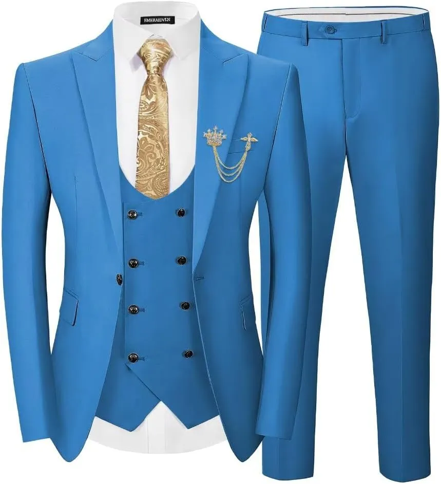 EMERAIDVLN Men's 3 Pieces Suit Slim Fit Elegant Wedding Prom Suits 1 Botton Blazer Double Breasted Vest and Pants Tuxedo Set