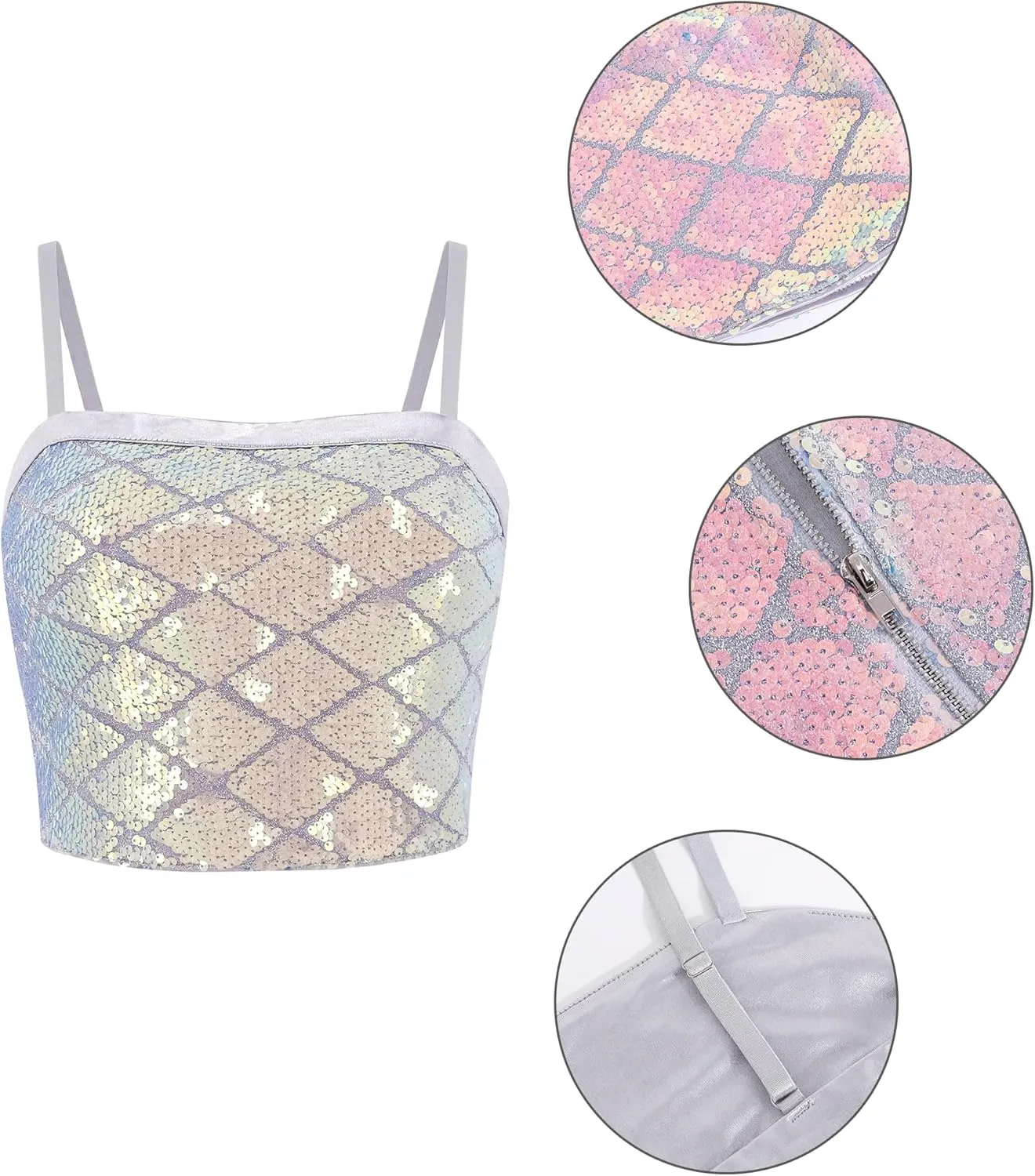 Erinaco Women Glitter Sequin Crop Top Sparkly Mermaid Tank Tube Tops Silky Satin V-Neck Spaghetti Strap Camisole