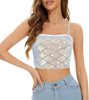 Erinaco Women Glitter Sequin Crop Top Sparkly Mermaid Tank Tube Tops Silky Satin V-Neck Spaghetti Strap Camisole