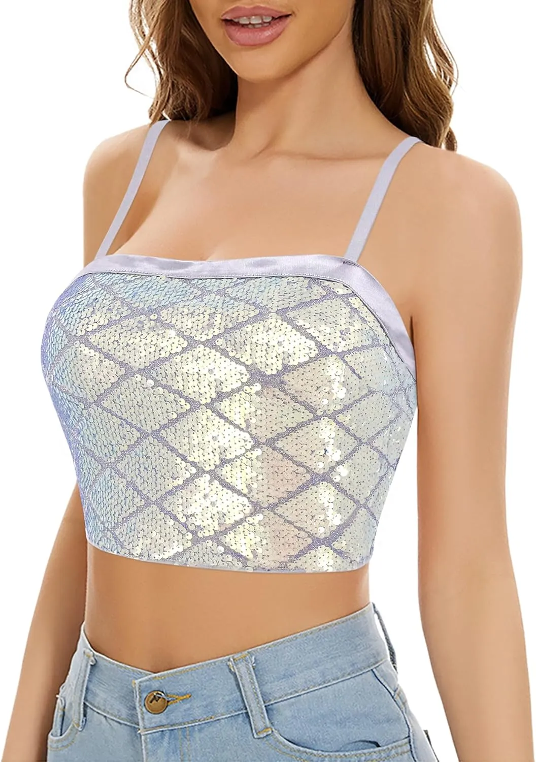 Erinaco Women Glitter Sequin Crop Top Sparkly Mermaid Tank Tube Tops Silky Satin V-Neck Spaghetti Strap Camisole