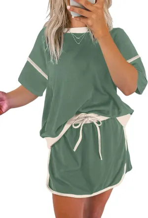 EVALESS Women's 2 Piece Sets Summer Casual Short Sleeve Tops Matching Drawstring Mini Skirt Going Out Lounge Outfits