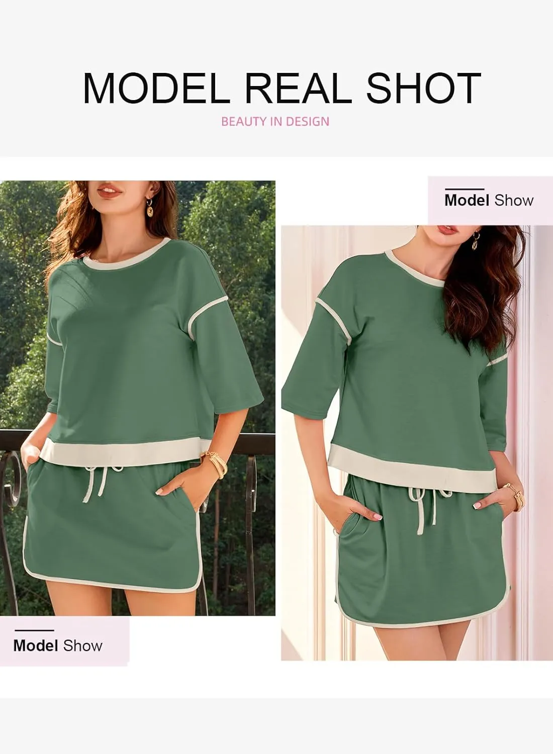 EVALESS Women's 2 Piece Sets Summer Casual Short Sleeve Tops Matching Drawstring Mini Skirt Going Out Lounge Outfits