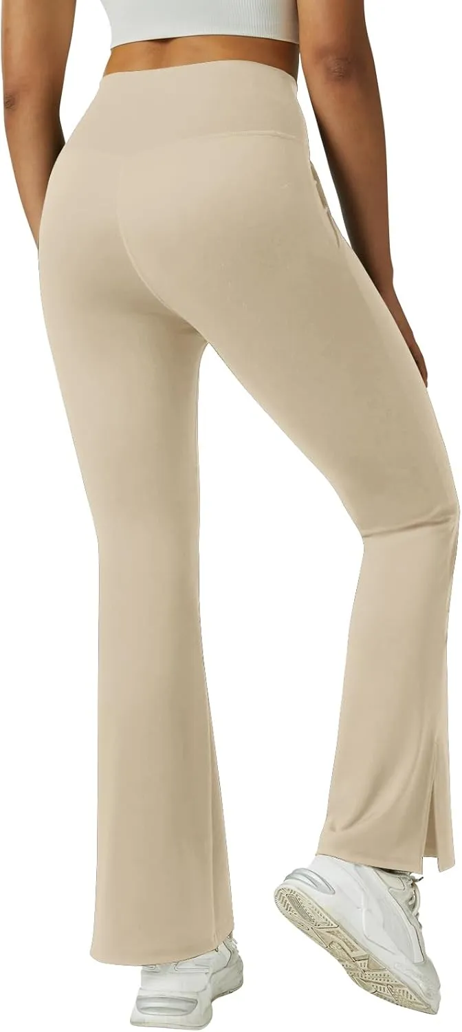 FARUNGS Womens Crossover Flare Yoga Pants High Waisted Split Hem Flare Leggings with Pockets Bootcut Workout Pants