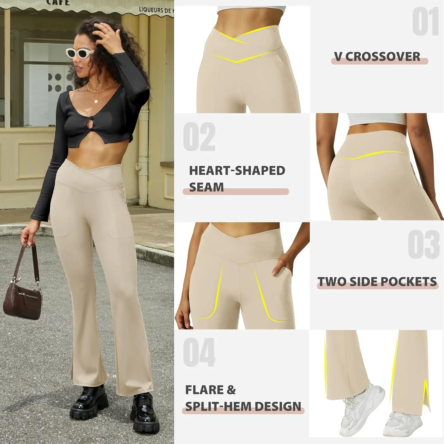FARUNGS Womens Crossover Flare Yoga Pants High Waisted Split Hem Flare Leggings with Pockets Bootcut Workout Pants