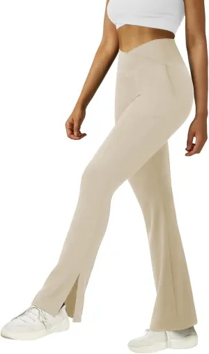 FARUNGS Womens Crossover Flare Yoga Pants High Waisted Split Hem Flare Leggings with Pockets Bootcut Workout Pants