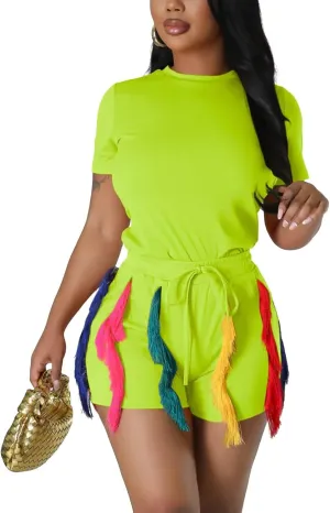 Fastkoala Womens 2 Piece Outfits Summer Casual Short Sleeve Tops Colorful Tassel Clubwear Party Shorts Sweatsuits Pant Sets