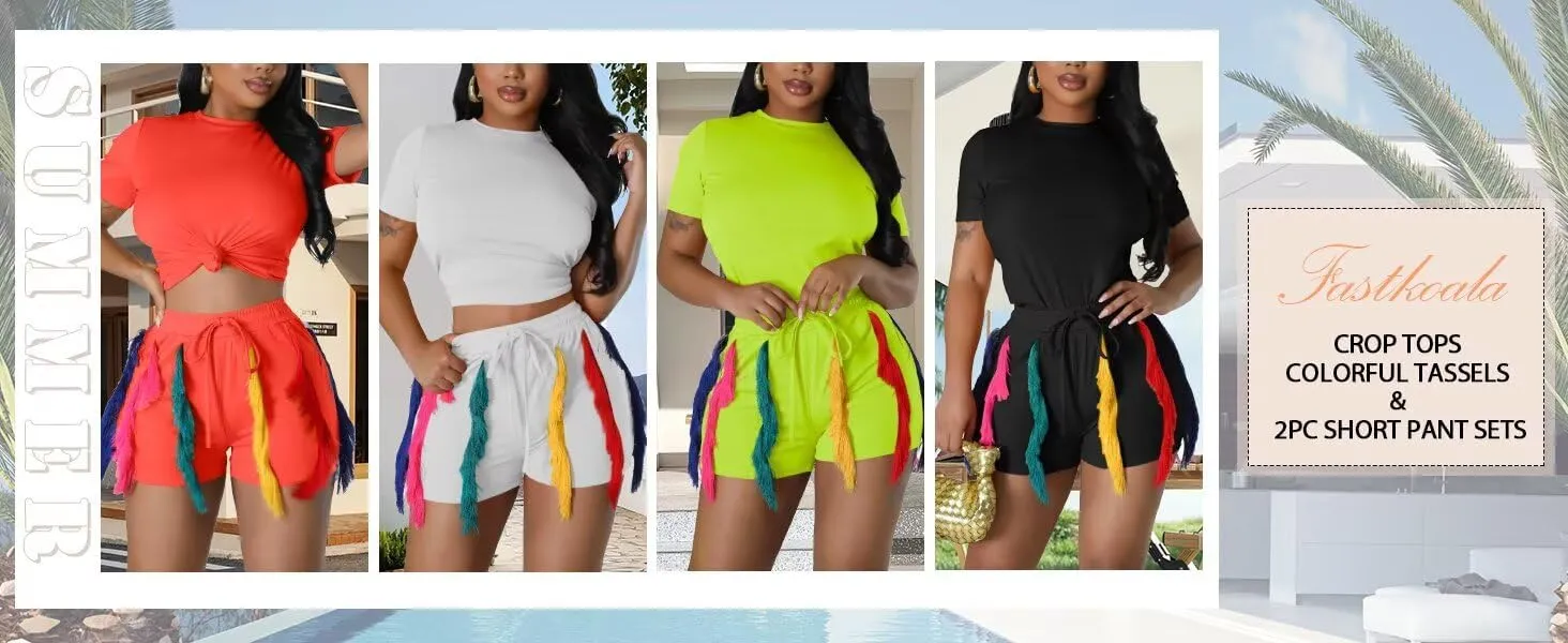 Fastkoala Womens 2 Piece Outfits Summer Casual Short Sleeve Tops Colorful Tassel Clubwear Party Shorts Sweatsuits Pant Sets