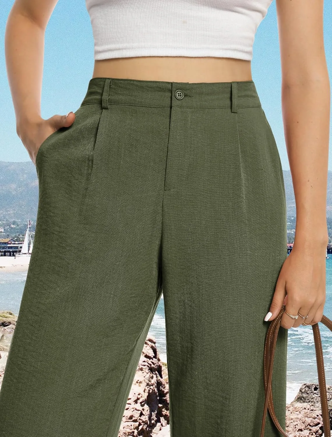Feiersi Womens Casual Wide Leg Pants High Waisted Button Down Straight Long Trousers Palazzo Pants