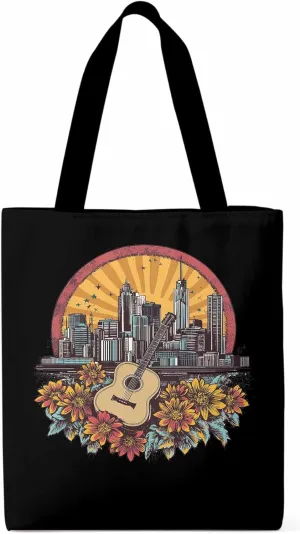 Floral Guitar Building City Skyscraper Canvas Tote Bag, Aesthetic Canvas Tote Handbags for Women Shoulder Bag