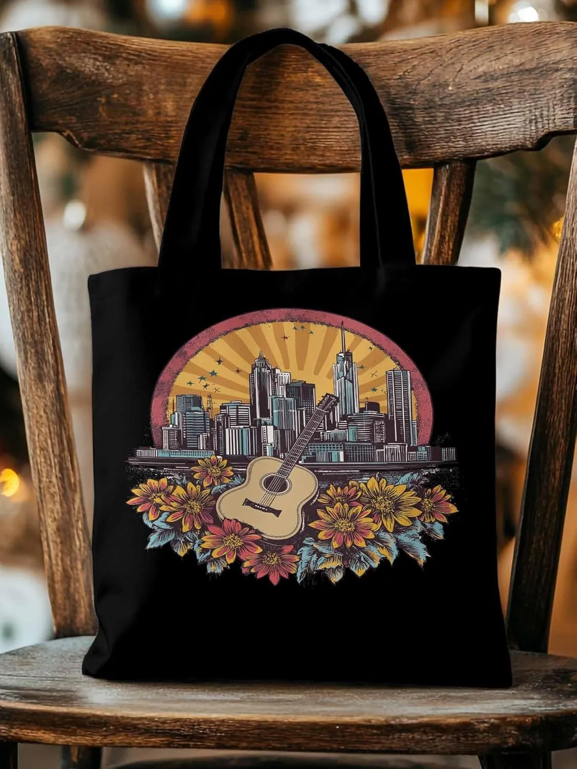Floral Guitar Building City Skyscraper Canvas Tote Bag, Aesthetic Canvas Tote Handbags for Women Shoulder Bag