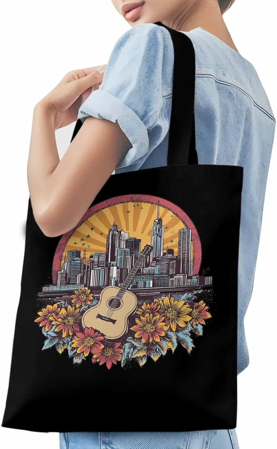 Floral Guitar Building City Skyscraper Canvas Tote Bag, Aesthetic Canvas Tote Handbags for Women Shoulder Bag